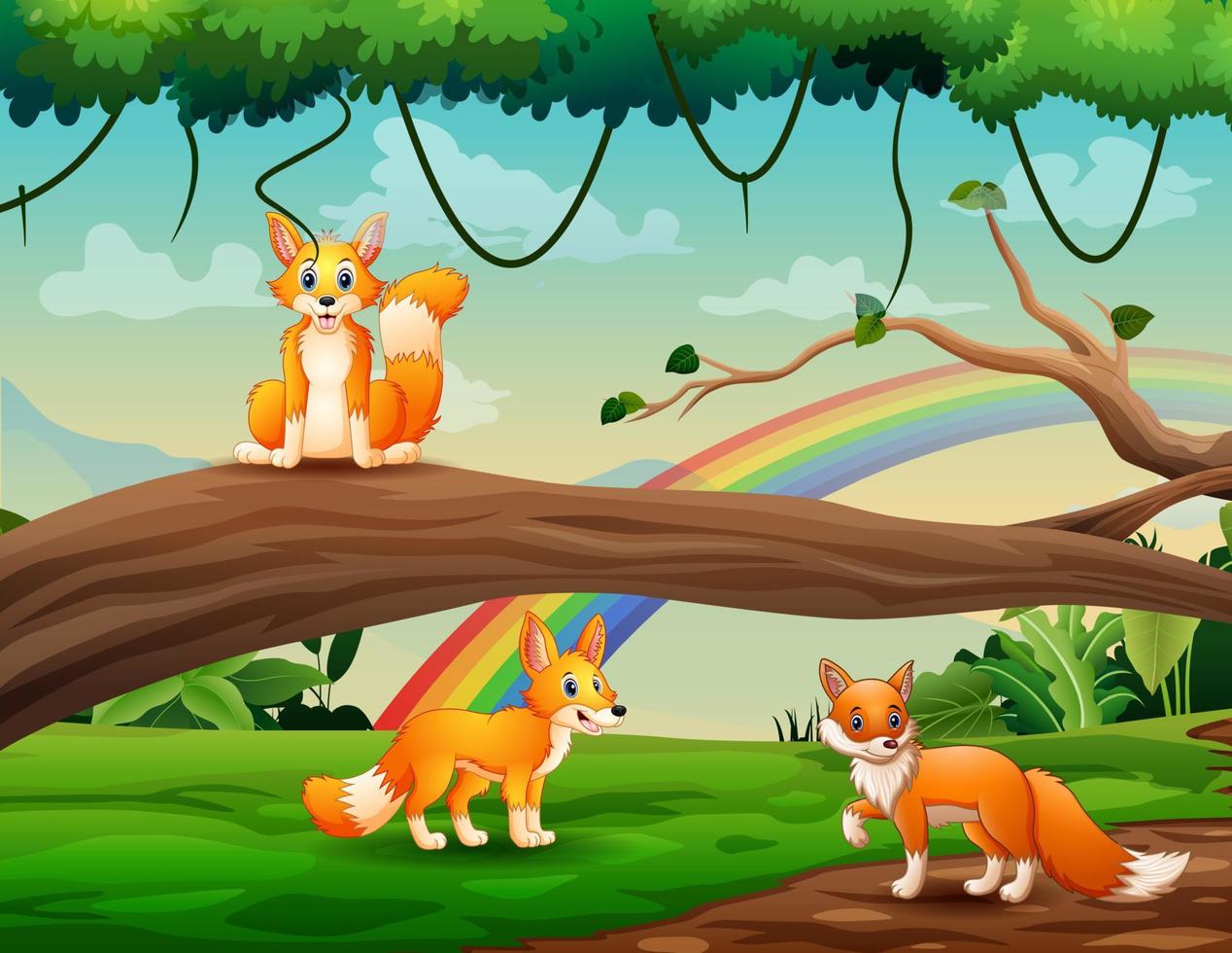 Cute three foxes cartoon playing at the jungle vector