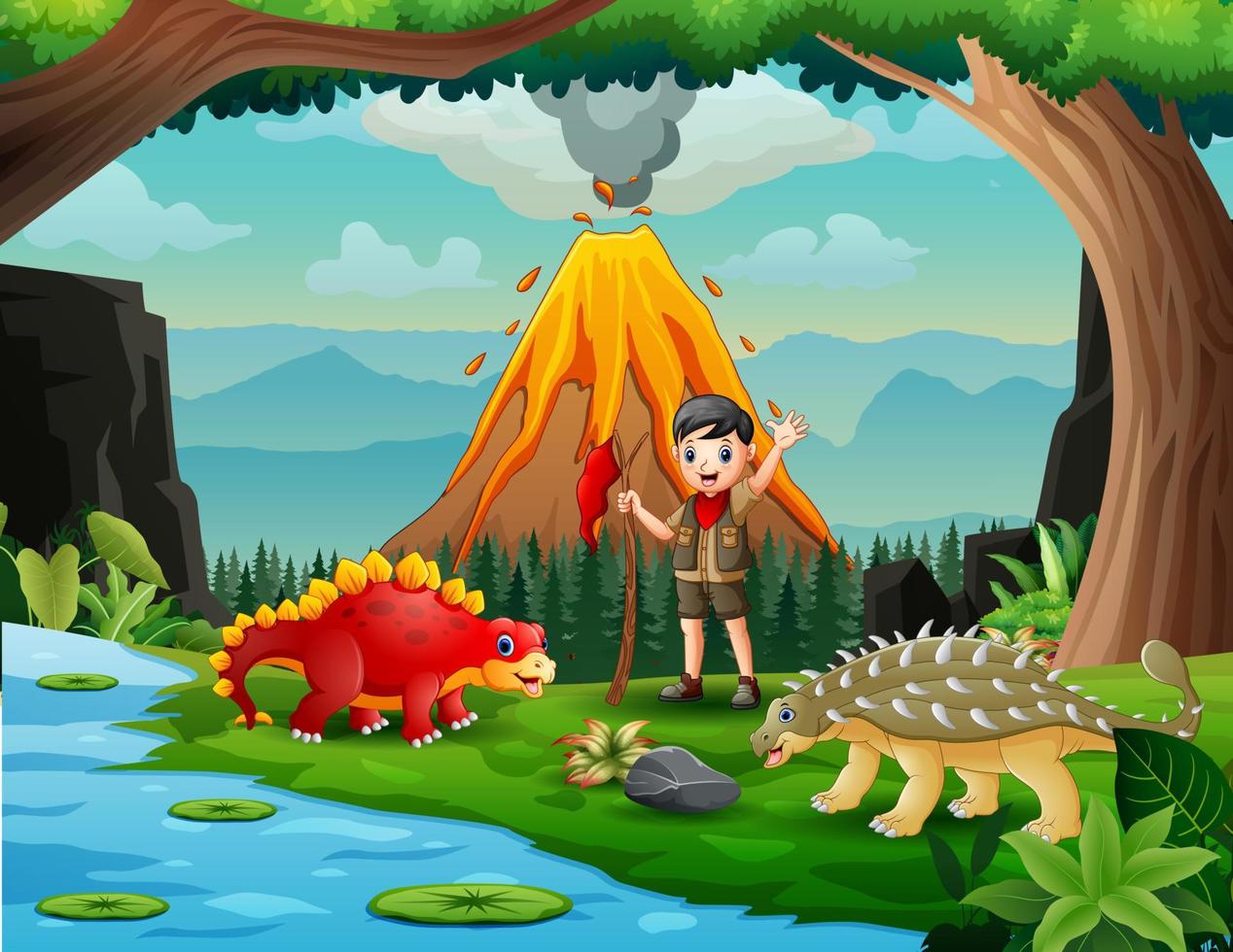 escena del bosque con un niño explorador y dinosaurios divertidos vector