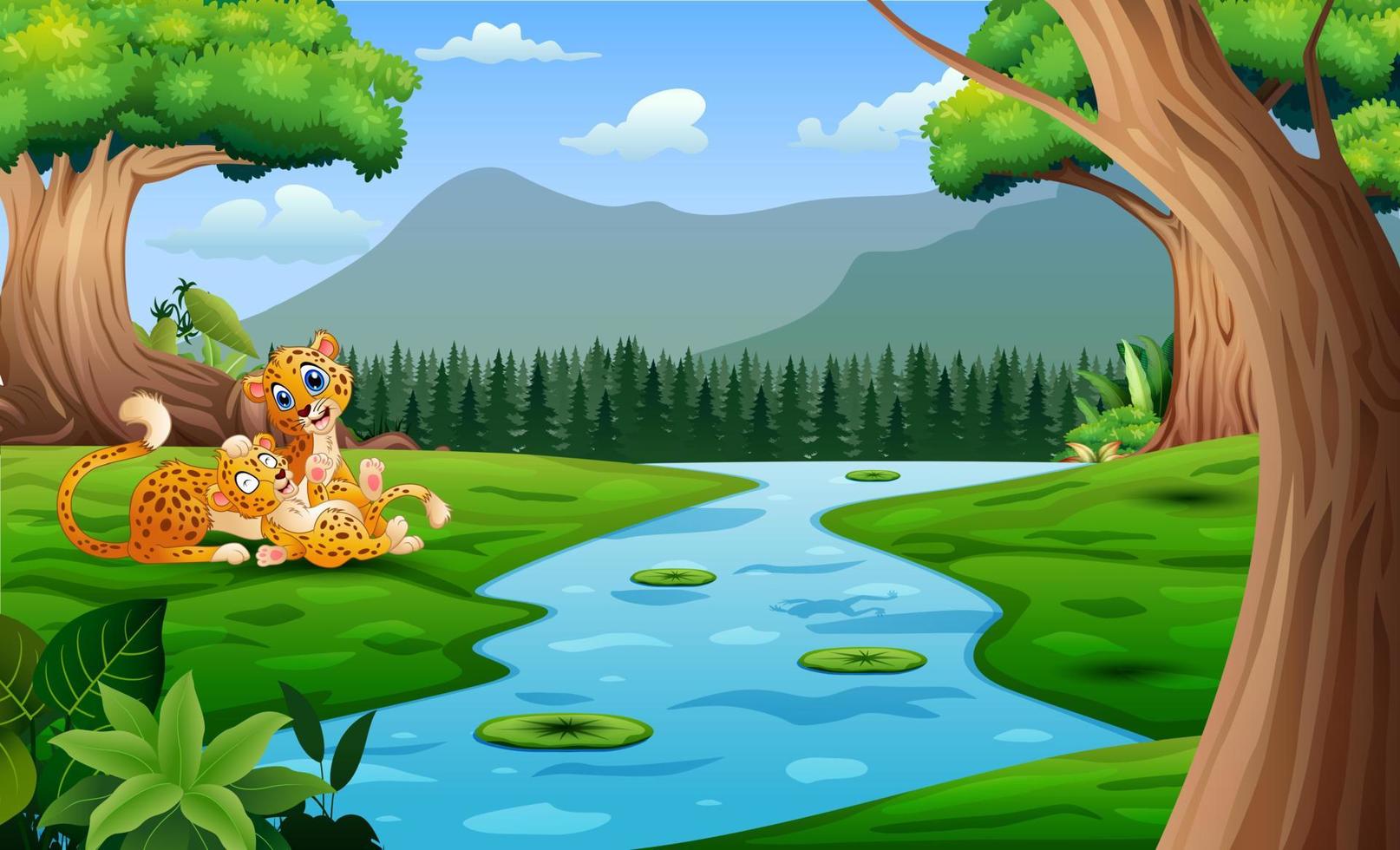 Cartoon cheetah with her cub playing by the river vector