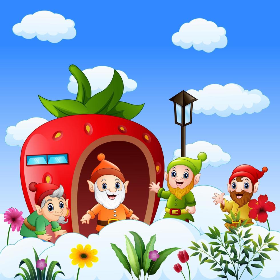 Cartoon of dwarves with fantasy house on the cloud vector