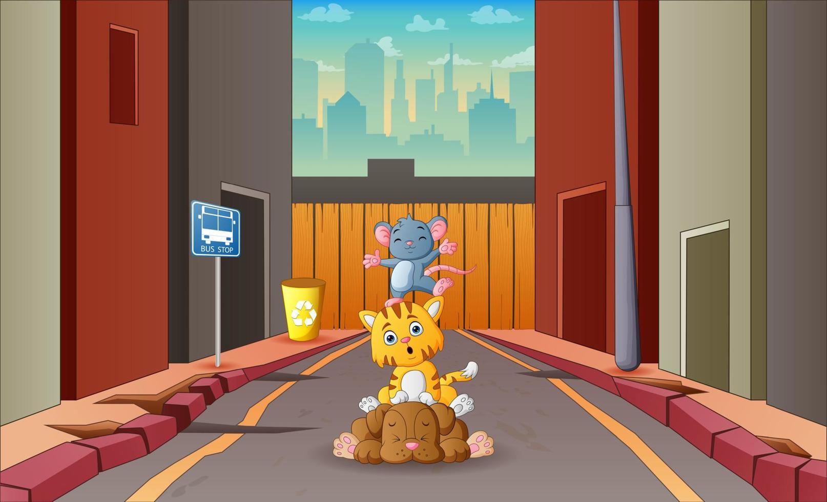 Cartoon pet animals in the middle of road vector