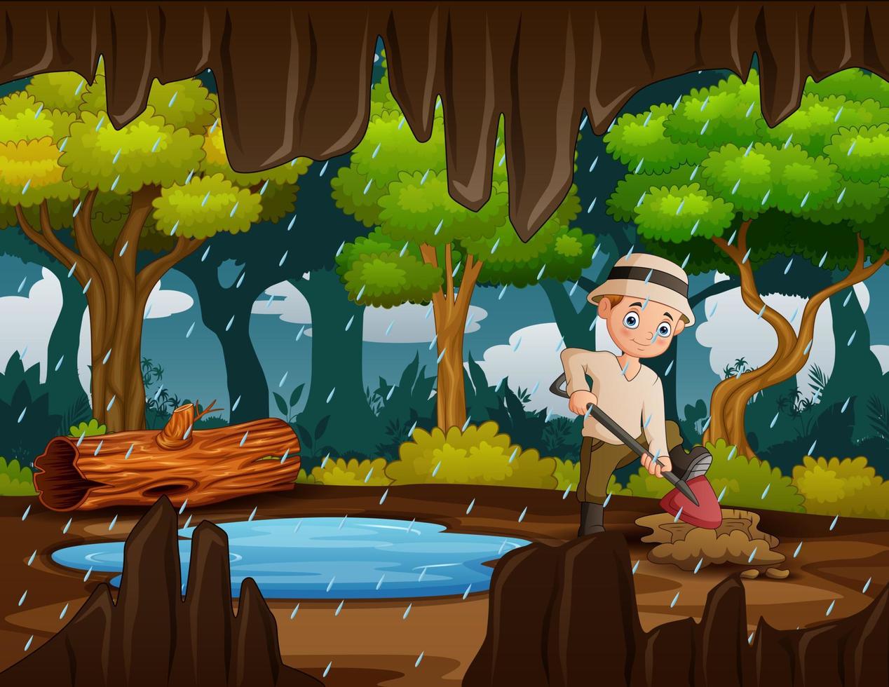 Cartoon of a man digging the ground in the rain vector