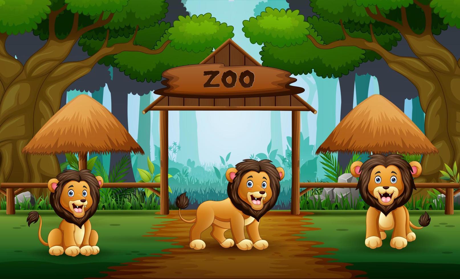 Cartoon three of lions at the open zoo vector