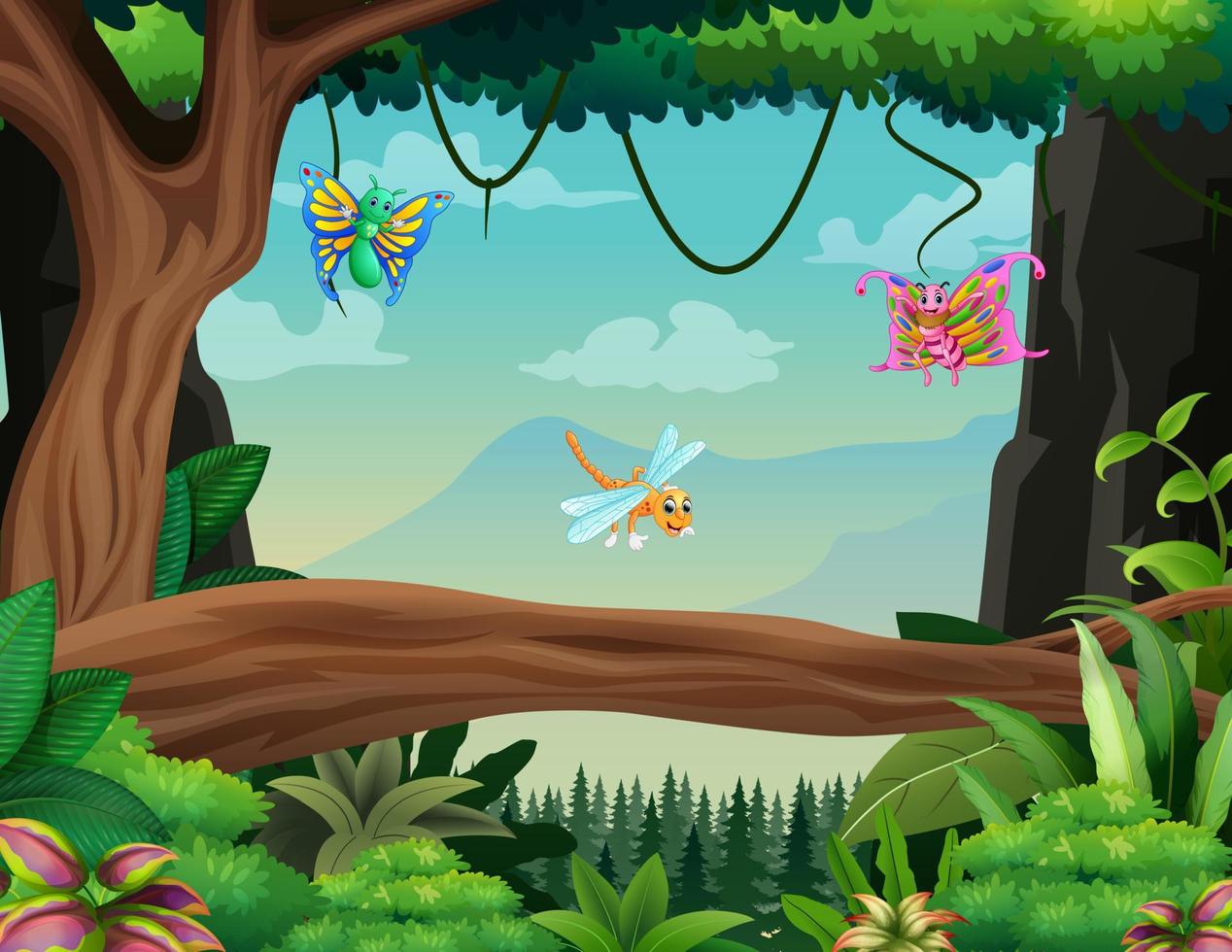 Illustration of some insects flying in the forest vector