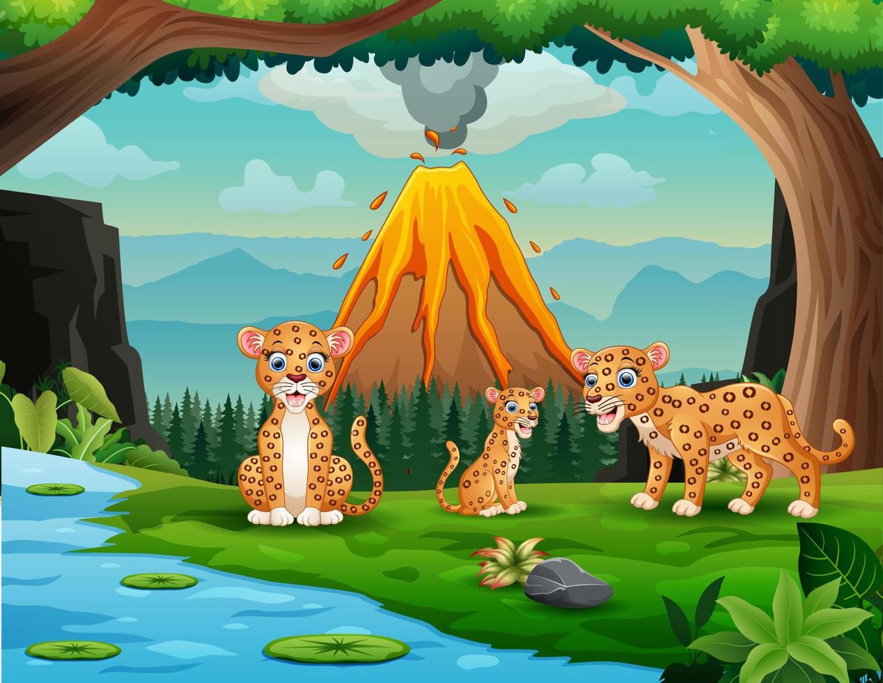 Volcano erupting with leopard family by the river vector