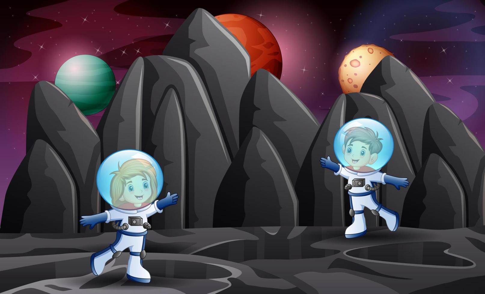 dibujos animados dos niños astronautas exploran el espacio vector