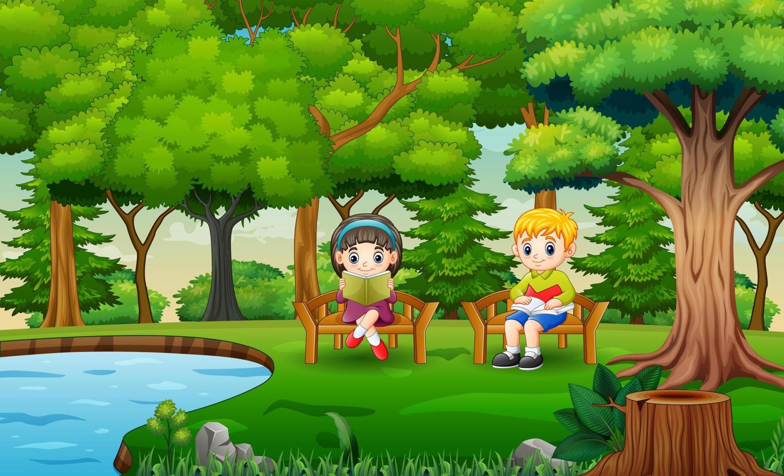 Cartoon two smart kids reading a book on a chair near the pool vector