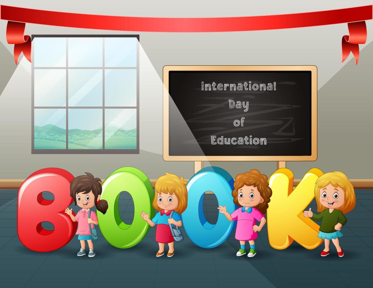 International day of Education with kids and alphabet letters at class vector