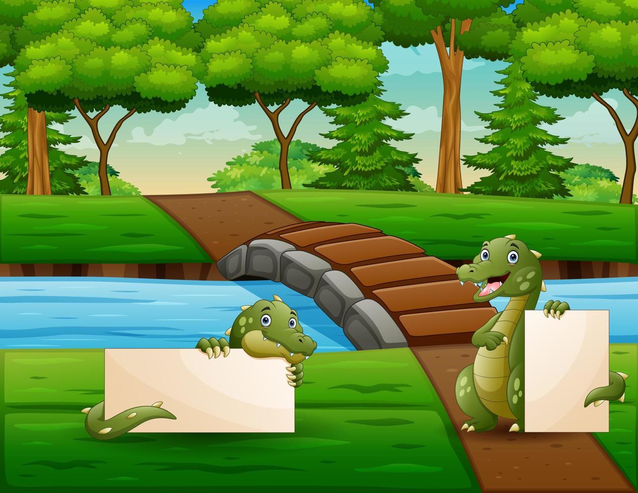 Cartoon illustration of two crocodiles holding blank sign by the river vector