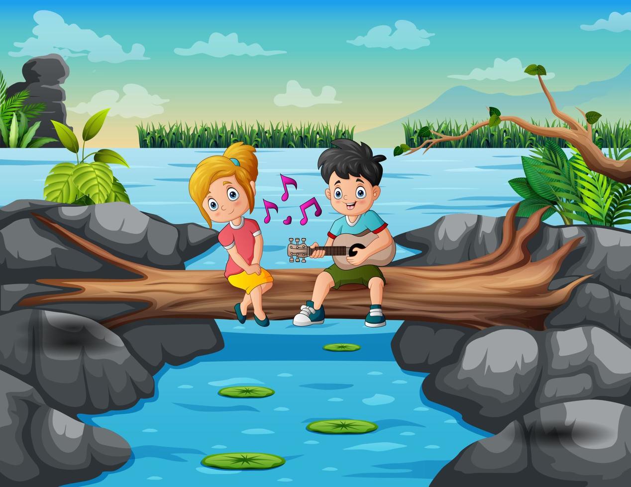 Illustration of sweet couple singing on log bridge vector