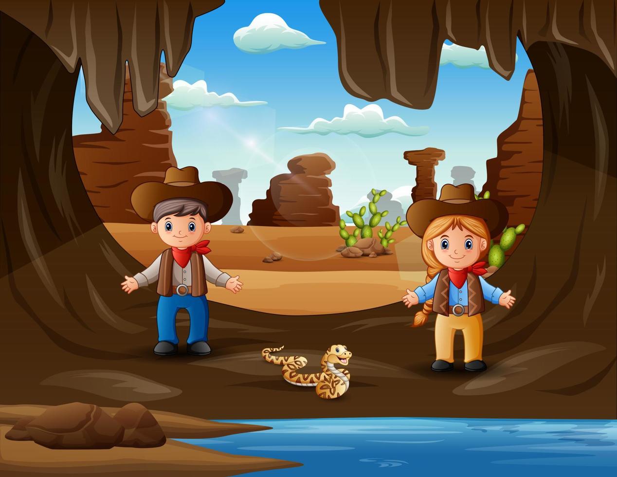 Cartoon cowboy and cowgirl at the cave illustration vector