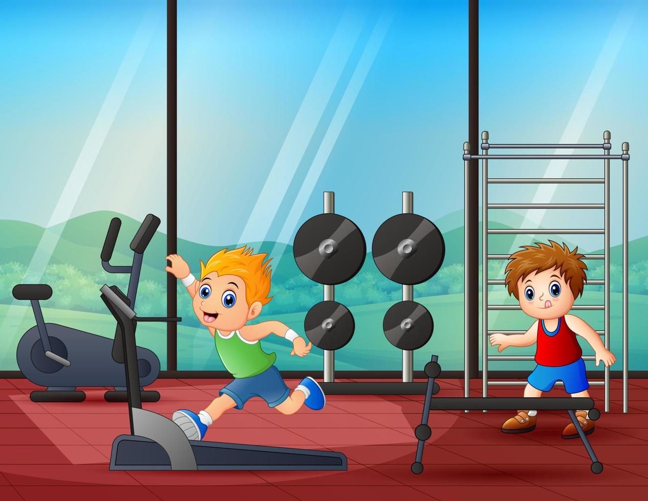 ilustración de dibujos animados de niños felices en el gimnasio vector