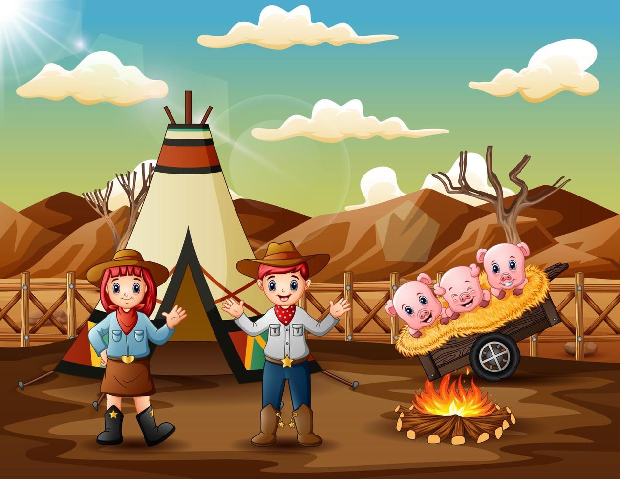 Cowboy and cowgirl and pigs at campsite illustration vector