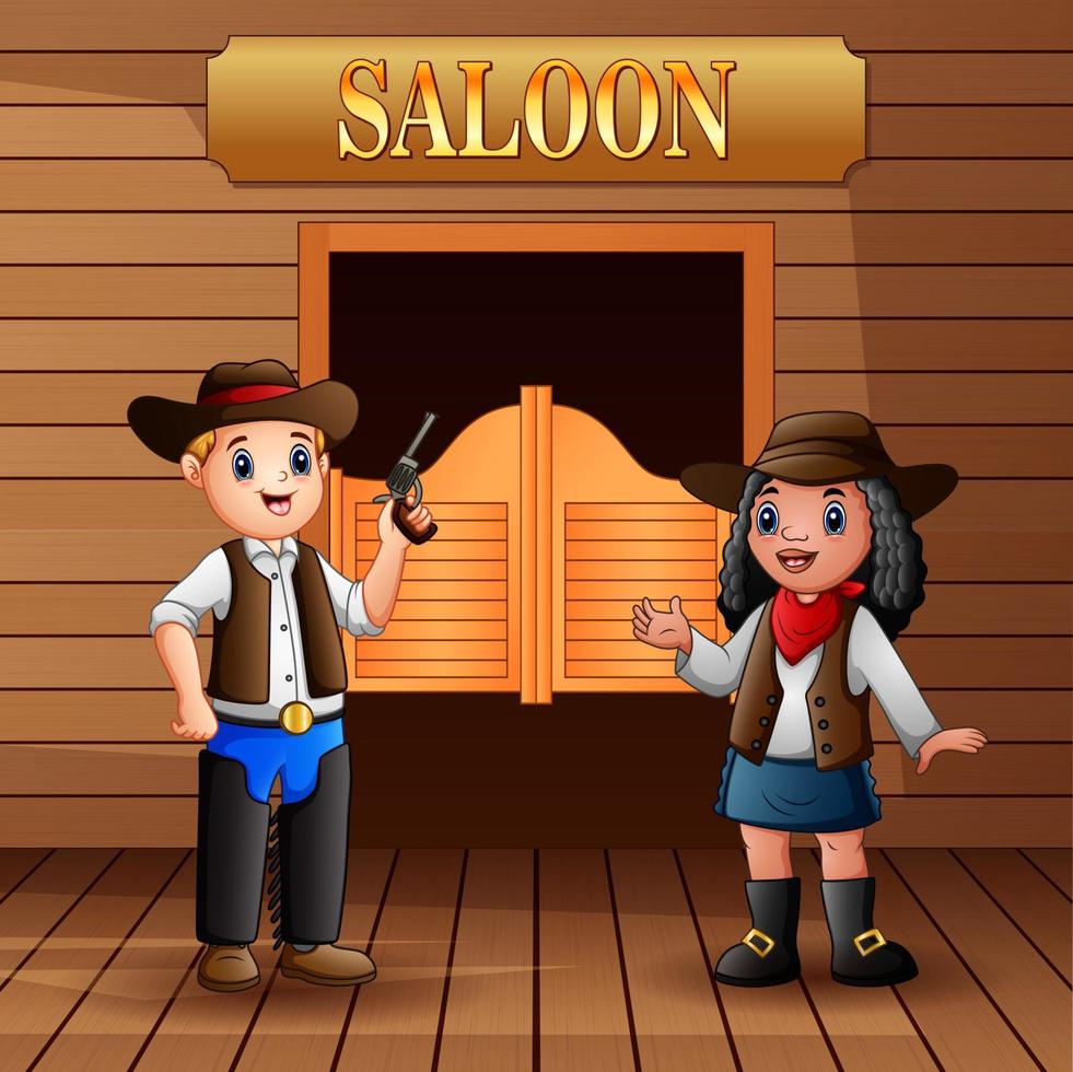 Cowboy and cowgirl standing in front of saloon vector