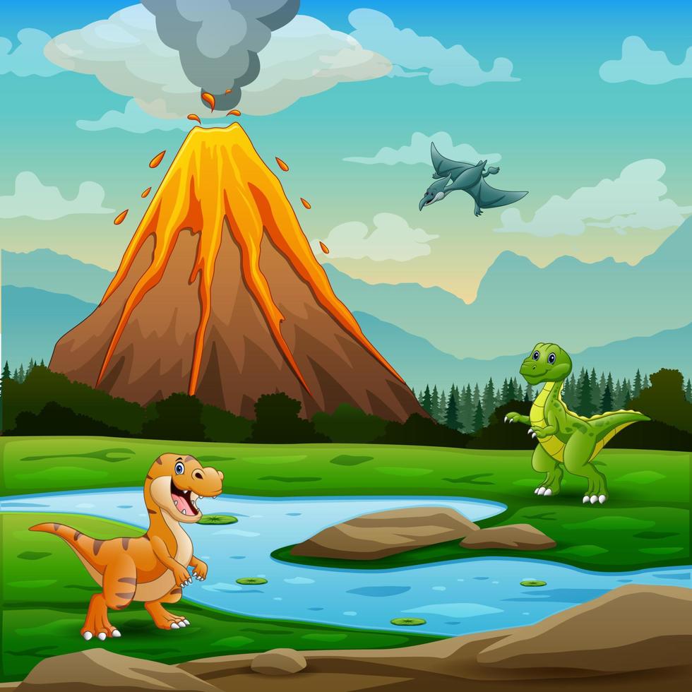 Cute dinosaurs with volcano erupting background illustration vector