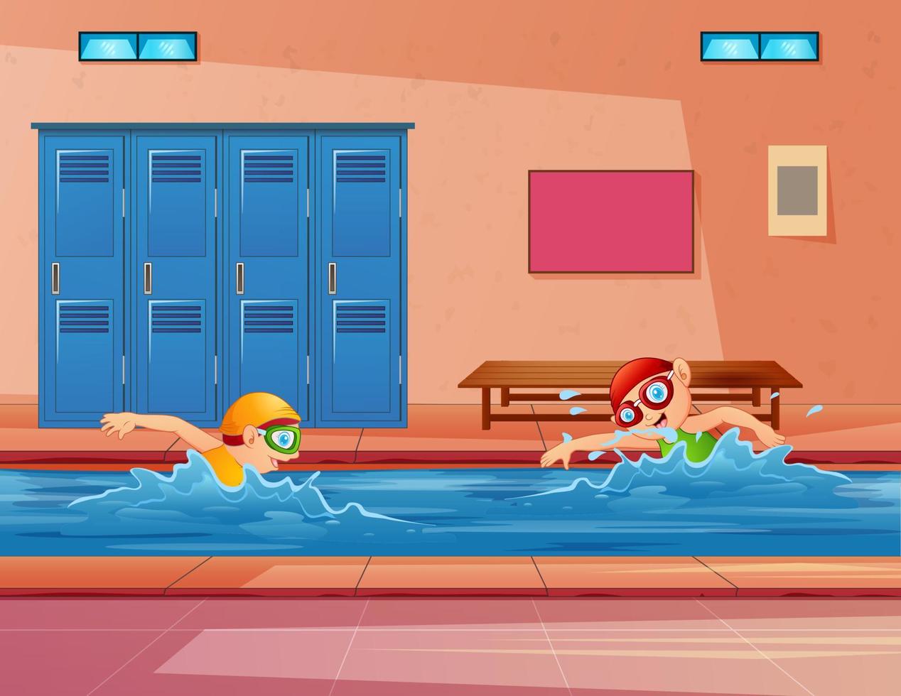 Illustration of kids swimming in an indoor swimming pool vector