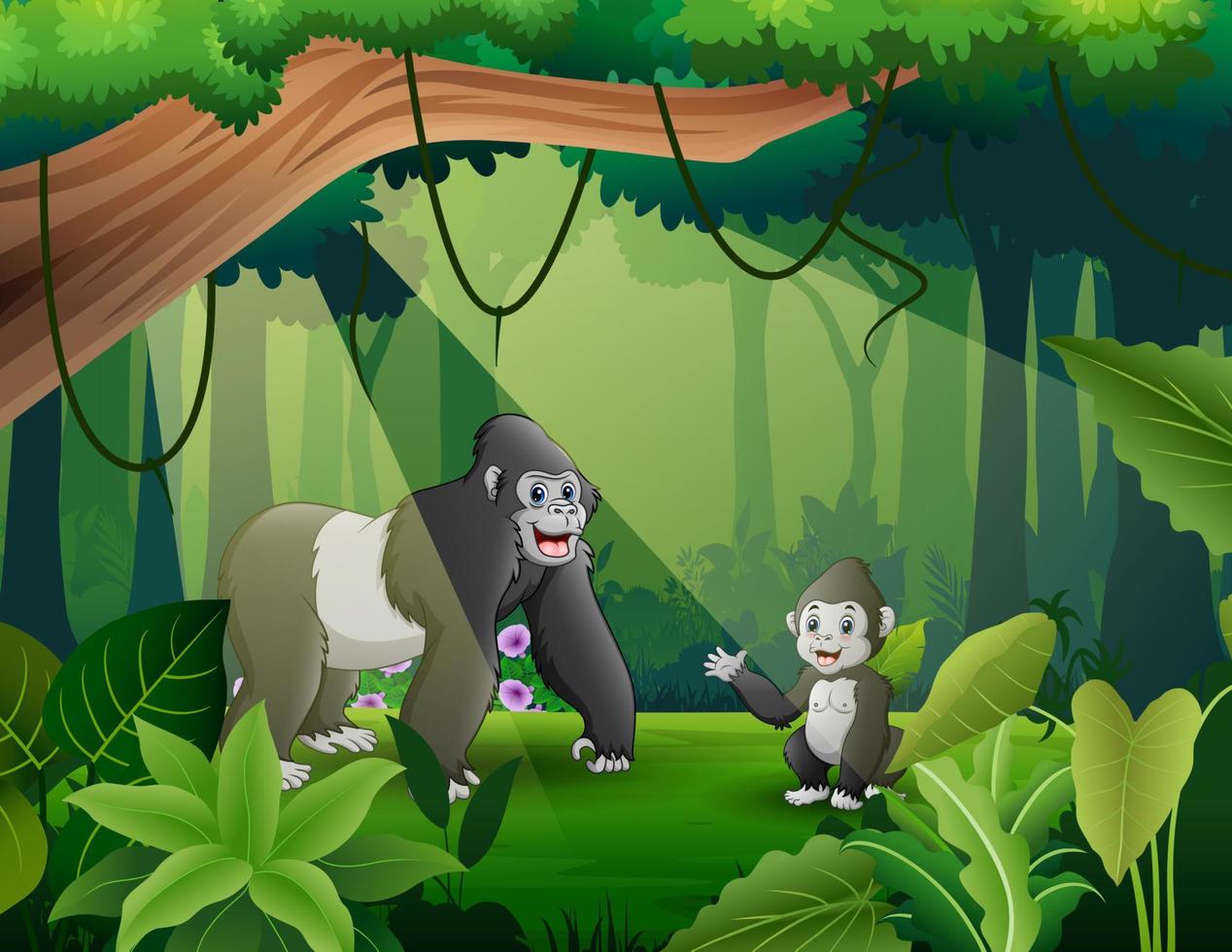 A mother gorilla with her cub in the jungle illustration vector