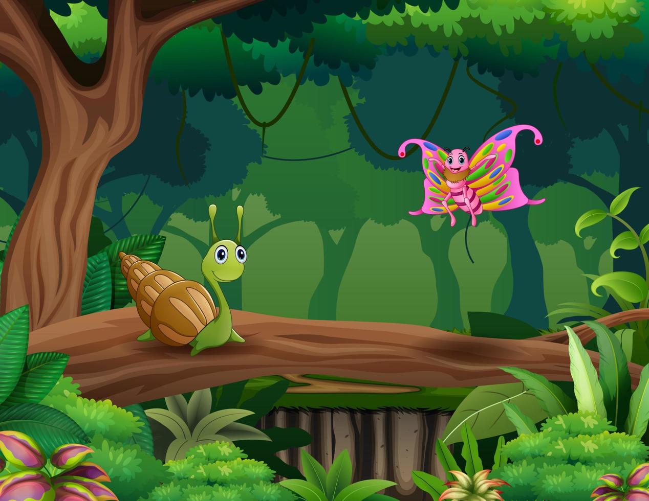 Cartoon a snail and butterfly in the forest vector