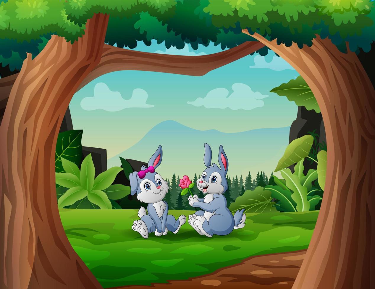 linda pareja de conejo en la ilustración de campo verde vector