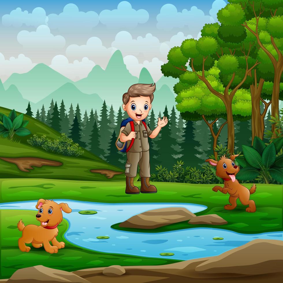 caricatura de un niño explorador con perros en el paisaje natural vector