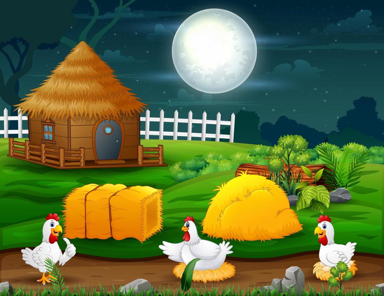 paisaje nocturno con gallinas en la ilustración de la granja vector