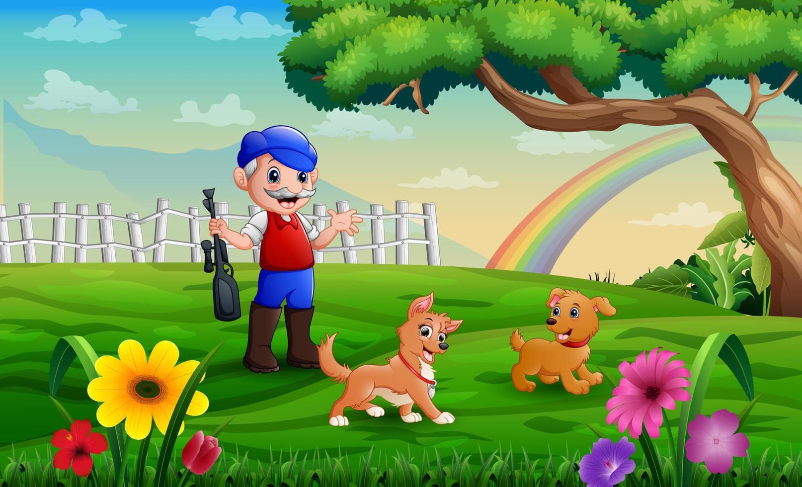 Hunter with his dog in a beautiful landscape vector