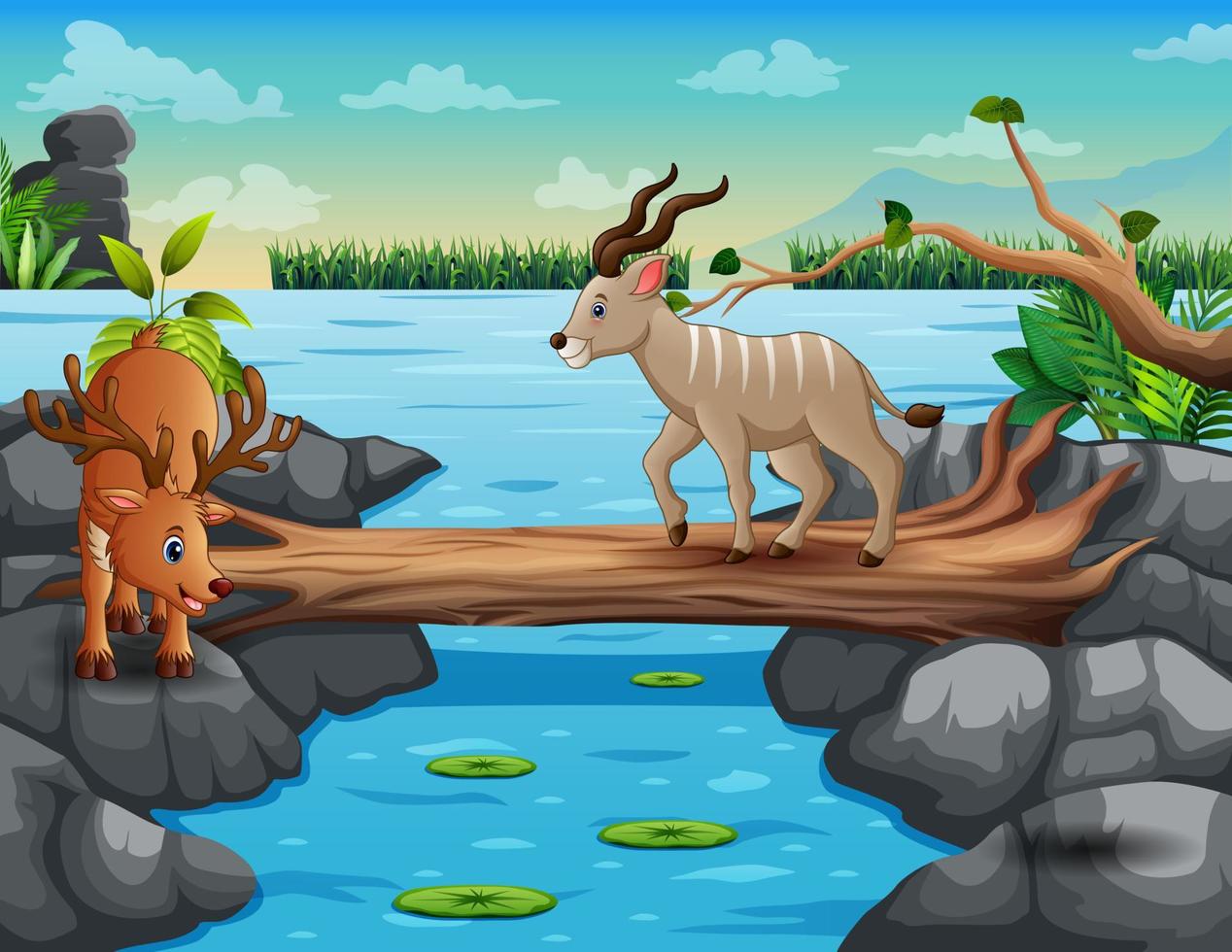 Cute cartoon deer crossing the river illustration vector