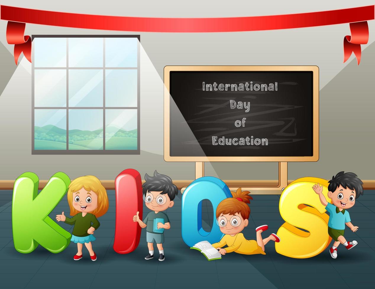 International day of Education with kids and alphabet letters at class vector