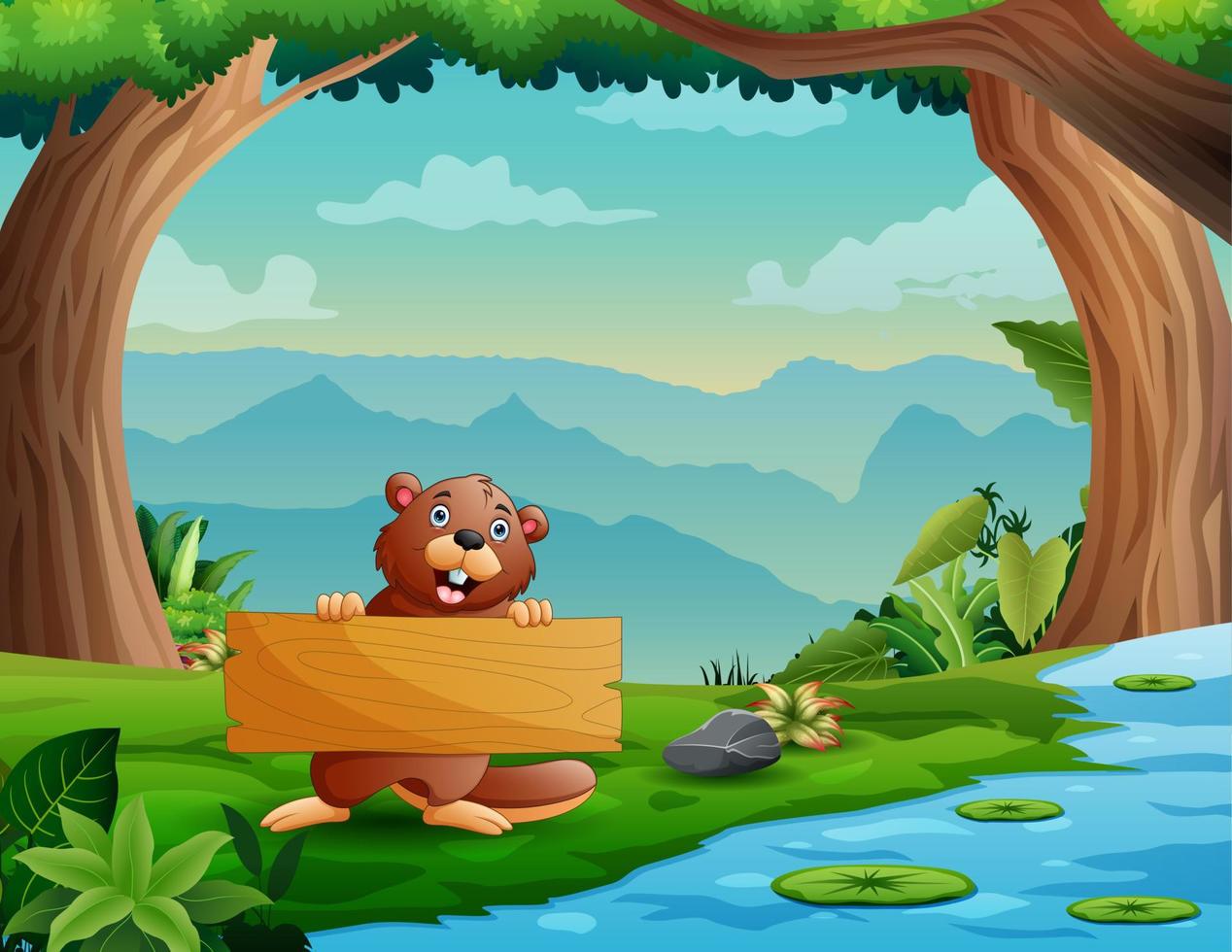 Cute a beaver holding wooden sign by the river vector