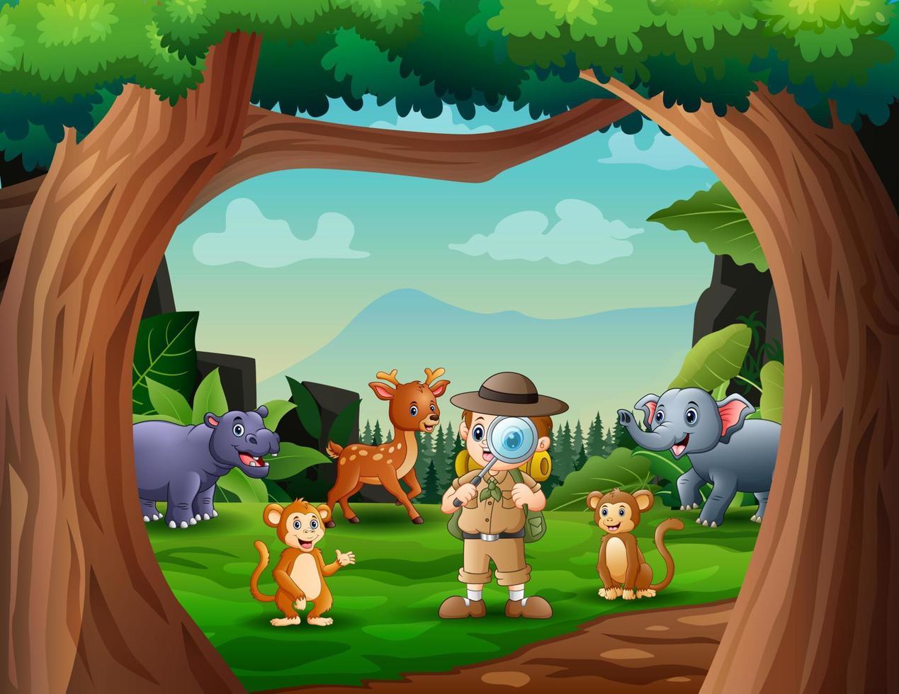 Background scene with explorer boy and animals in the jungle vector