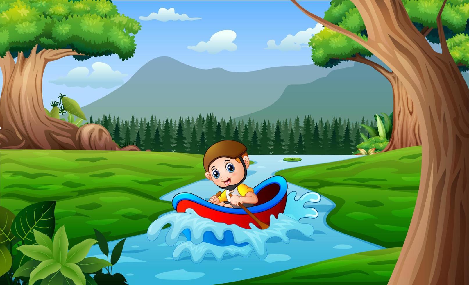 A boy riding on rubber boat in the river illustration vector