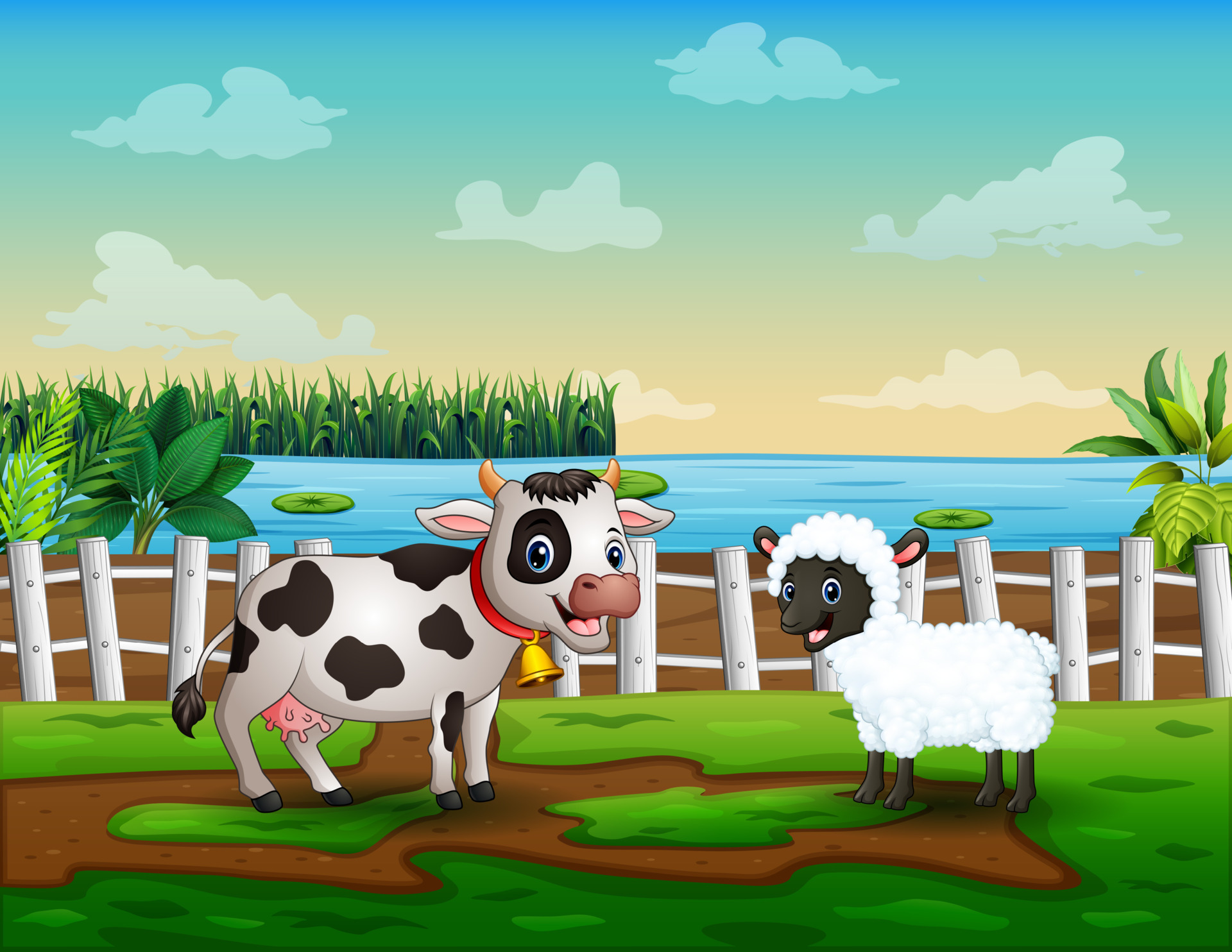Cartoon a cow and sheep in the farm 6951652 Vector Art at Vecteezy