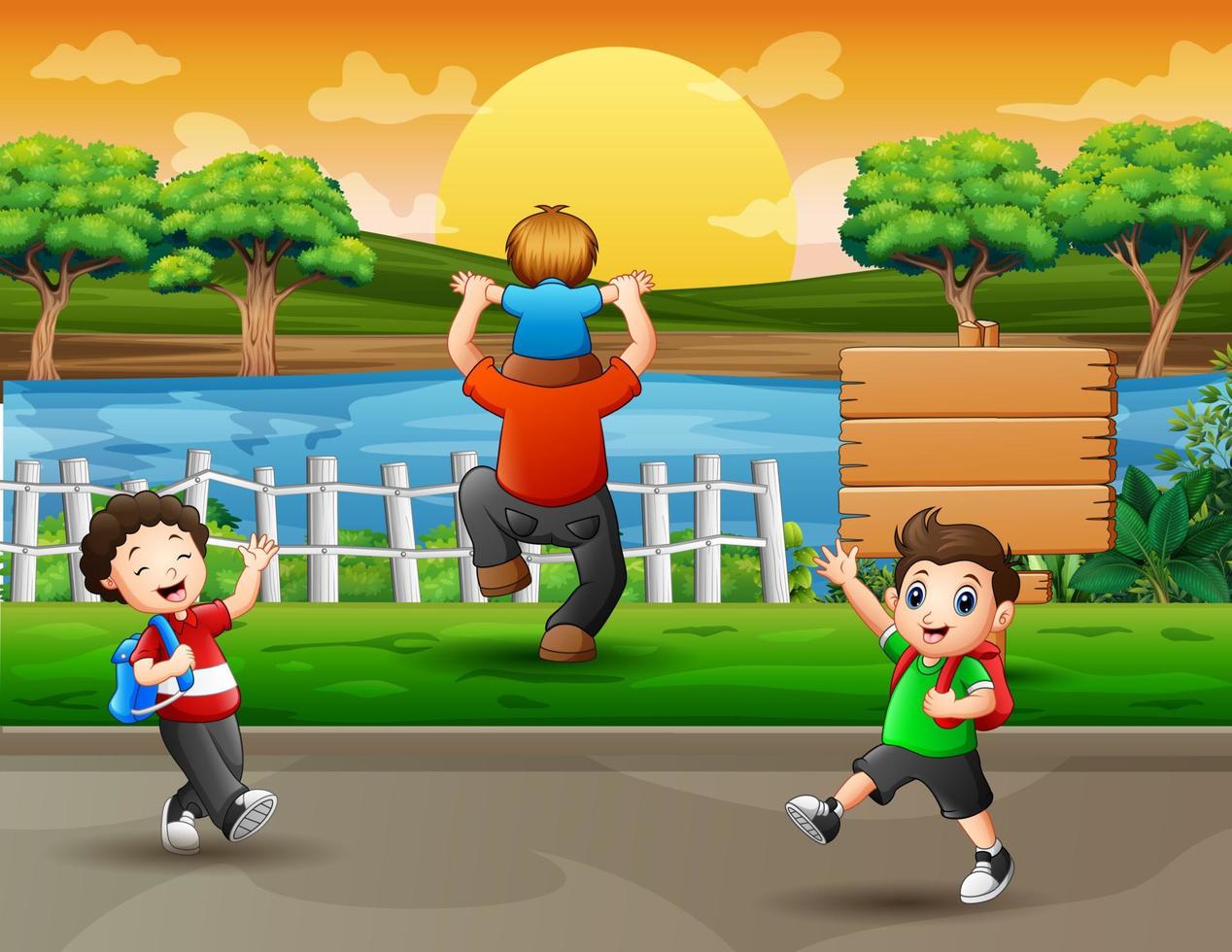 Cartoon of some people doing activities by the lake vector