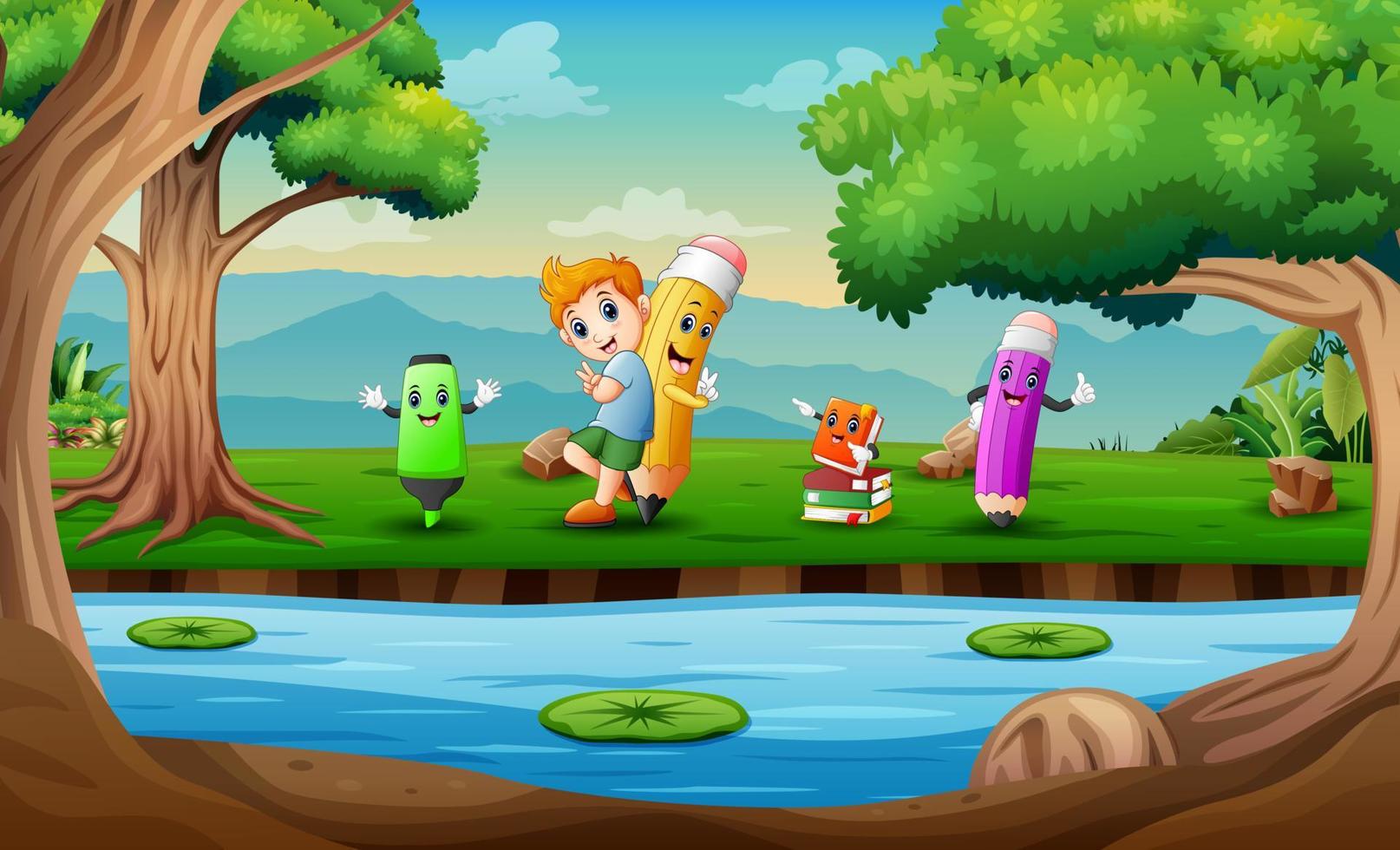 escena de la naturaleza con niño y lápiz junto al río vector