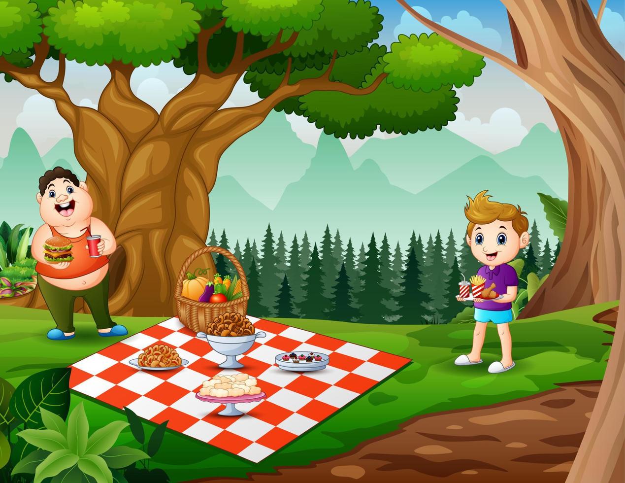 Cartoon two boys enjoying picnic food together vector