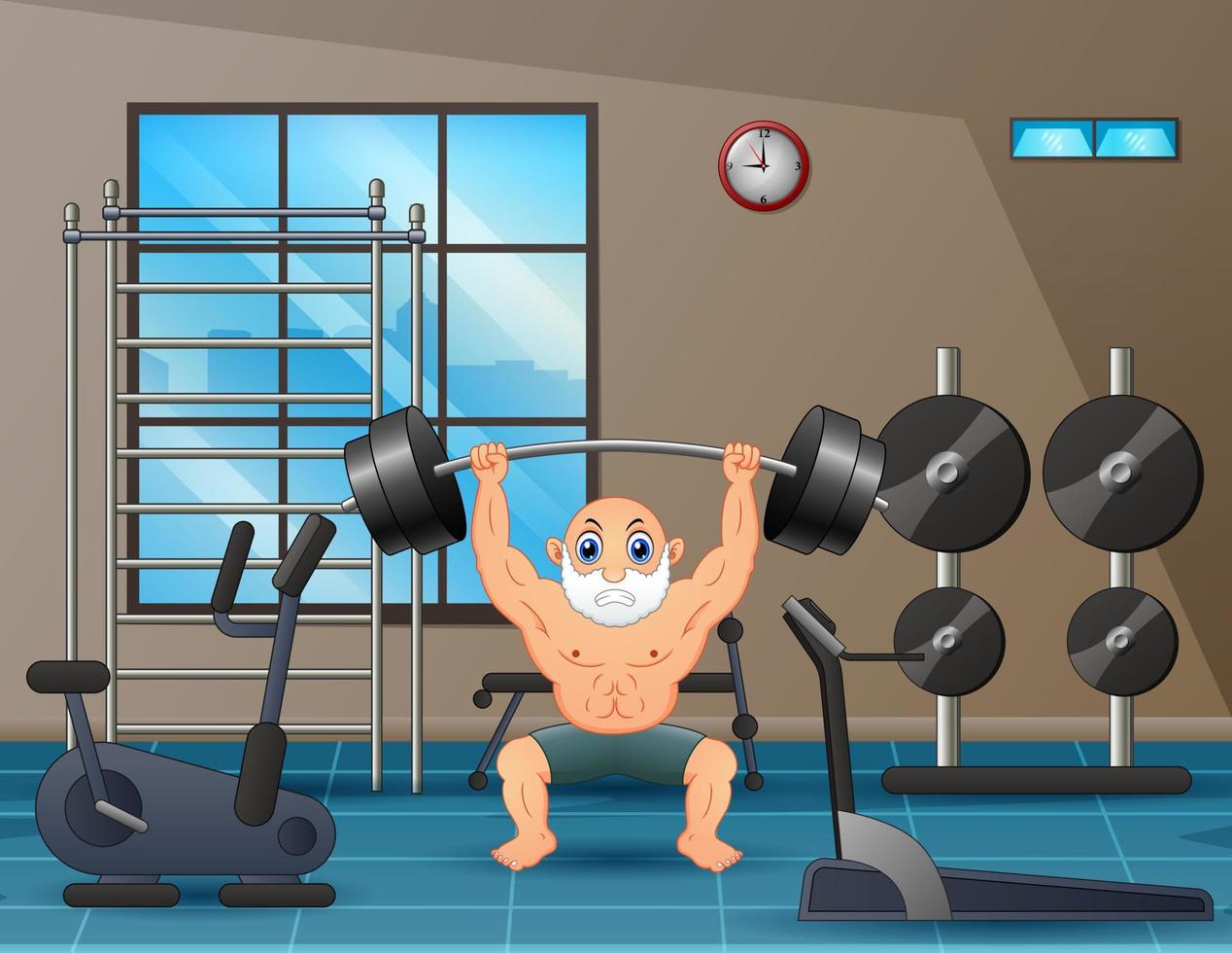 hombre mayor levantando una barra dentro de la ilustración del gimnasio vector