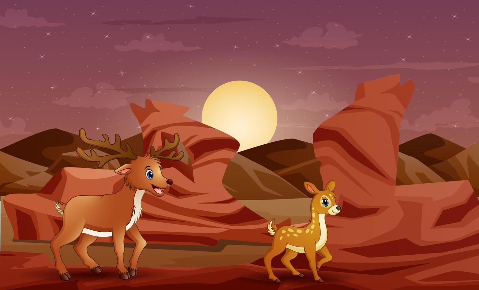 Sunset background with deer and her cubs on the desert vector