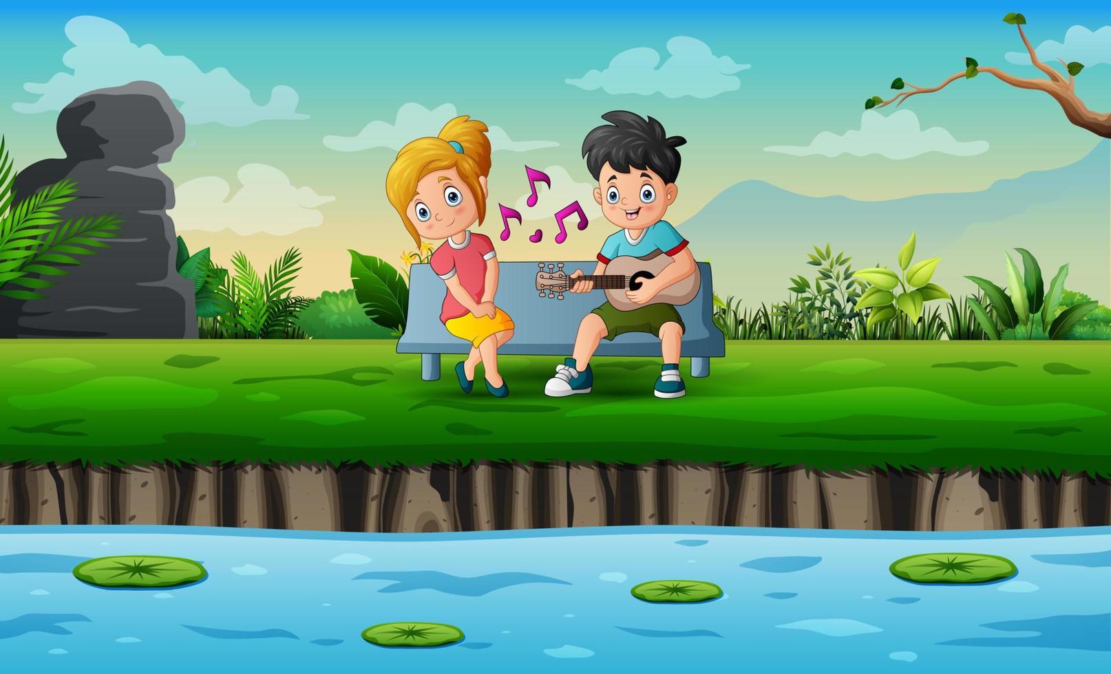 Sweet couple playing guitar and singing in the park vector