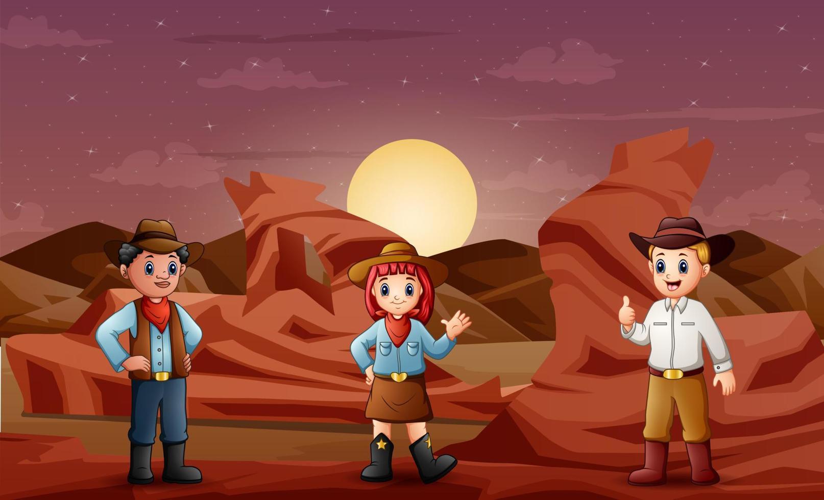 Illustration of the cowboys and a cowgirl at the desert vector