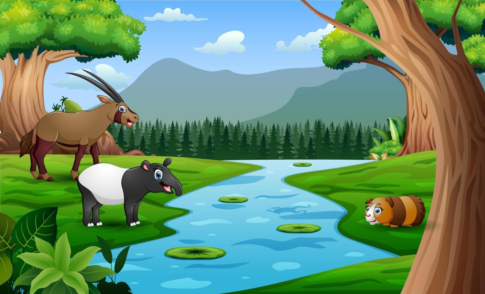 dibujos animados de animales salvajes jugando en el prado junto al río vector