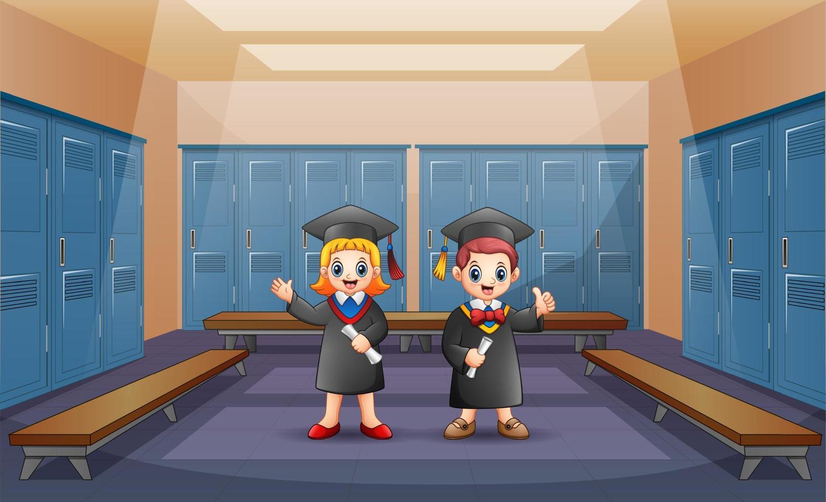 feliz graduación niño y niña en la ilustración del pasillo de la escuela vector