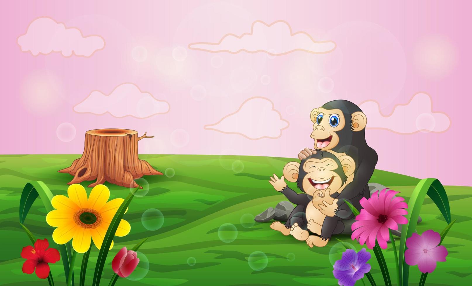 Funny chimpanzee with her cub sitting on green field vector