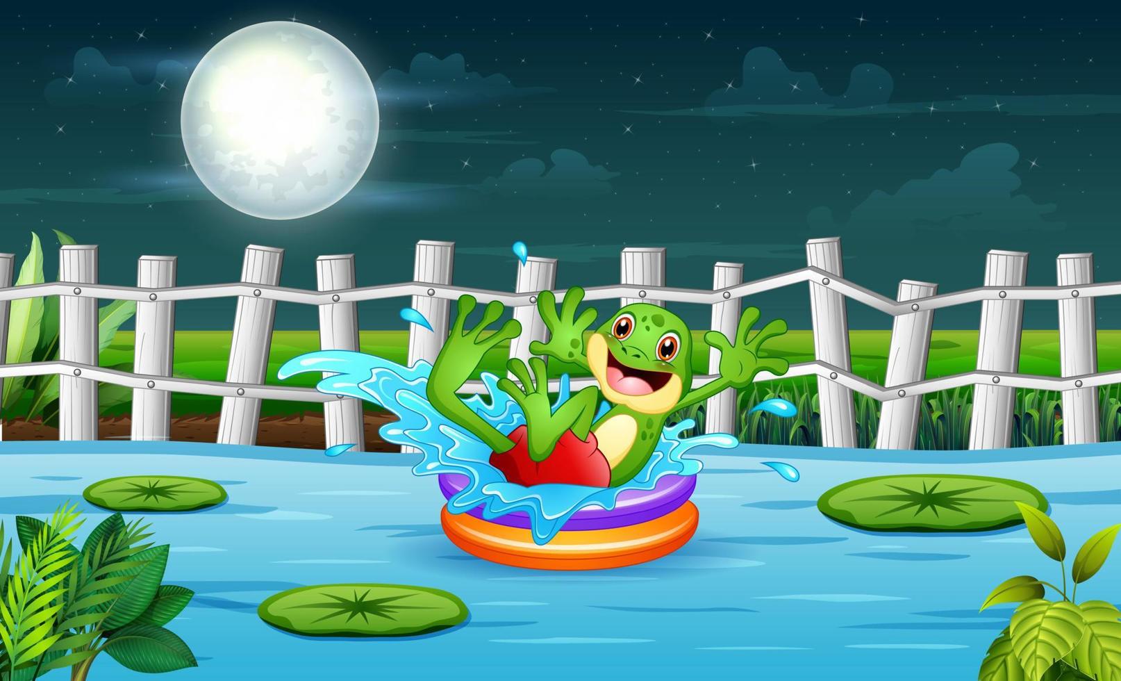 Cute frog cartoon on an inflatable circle in the river at night vector