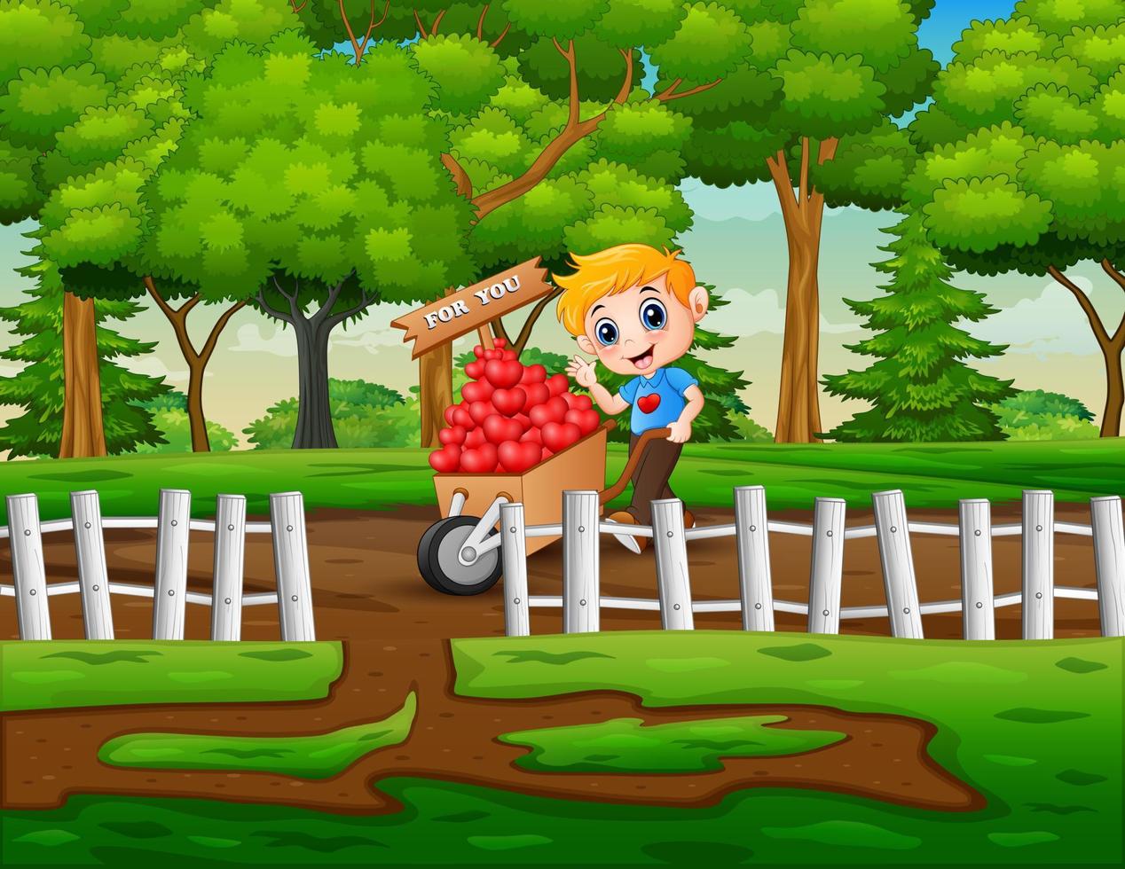 Cartoon boy pushing a pile of hearts in wood trolley for you vector