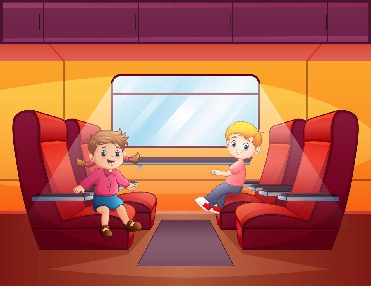 niño y niña sentados en vagón de tren vector