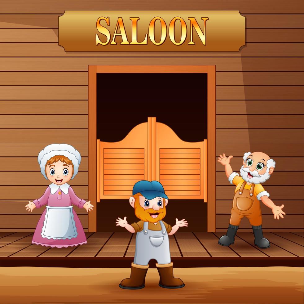Male and female standing in front of saloon vector