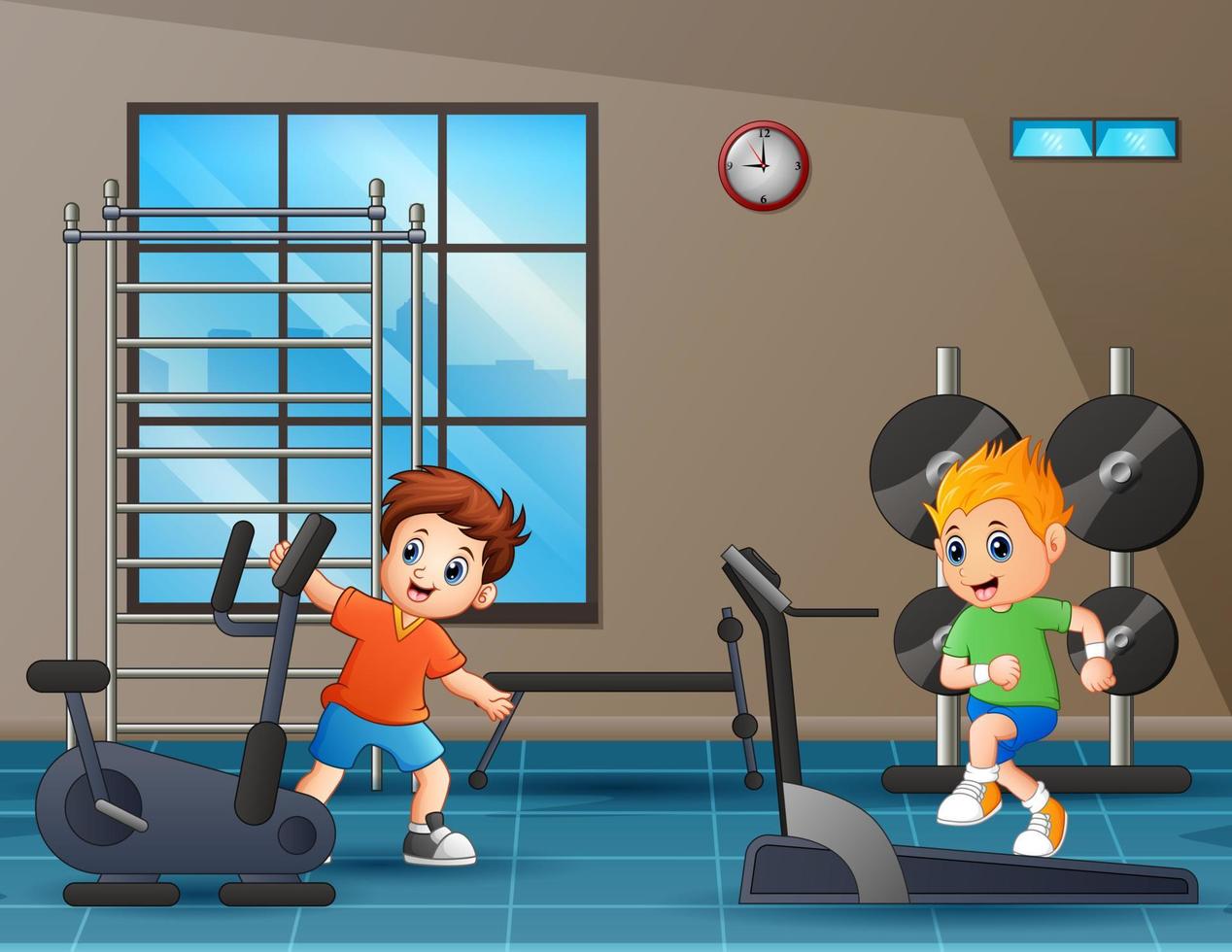 ilustración de dibujos animados de niños felices en el gimnasio vector