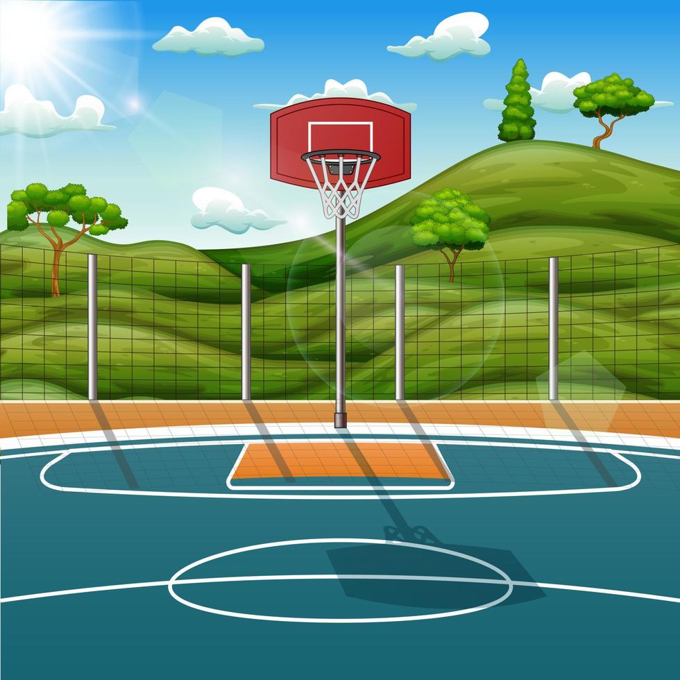 caricatura de cancha de baloncesto en medio del paisaje natural vector