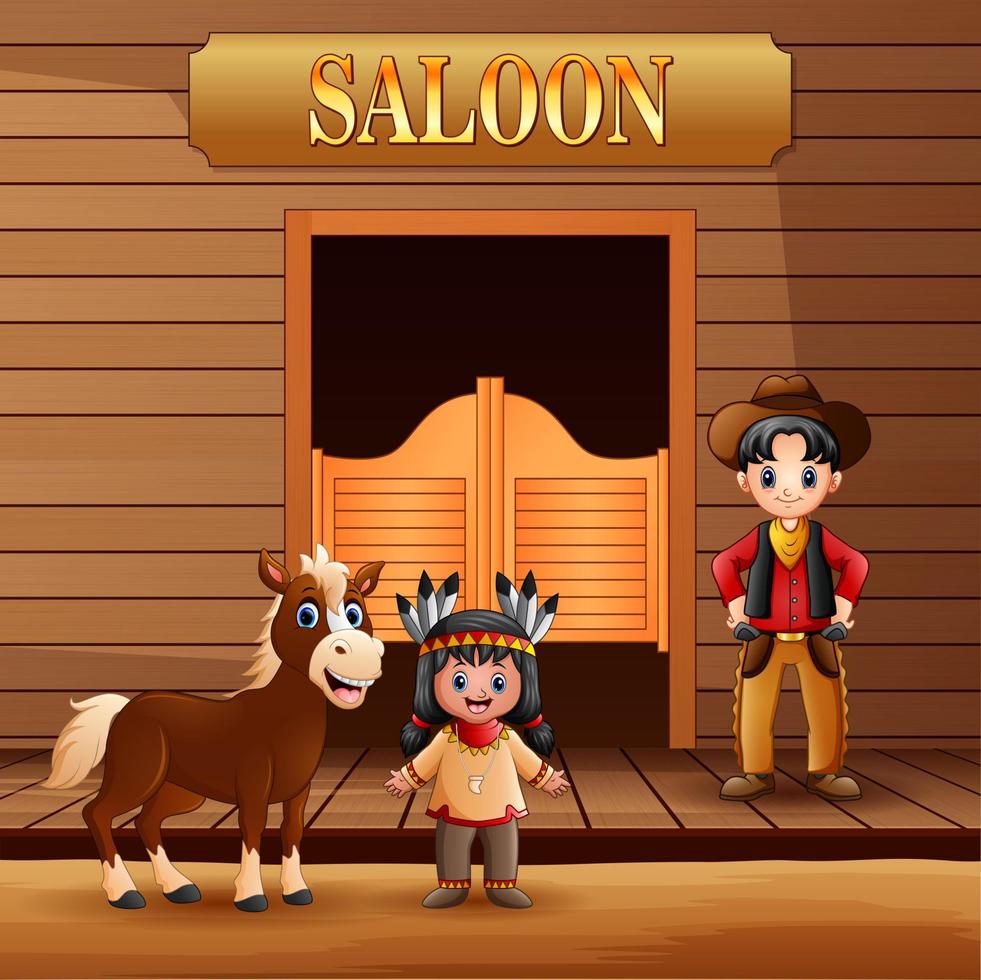 salón del salvaje oeste con vaquero y niña india americana vector