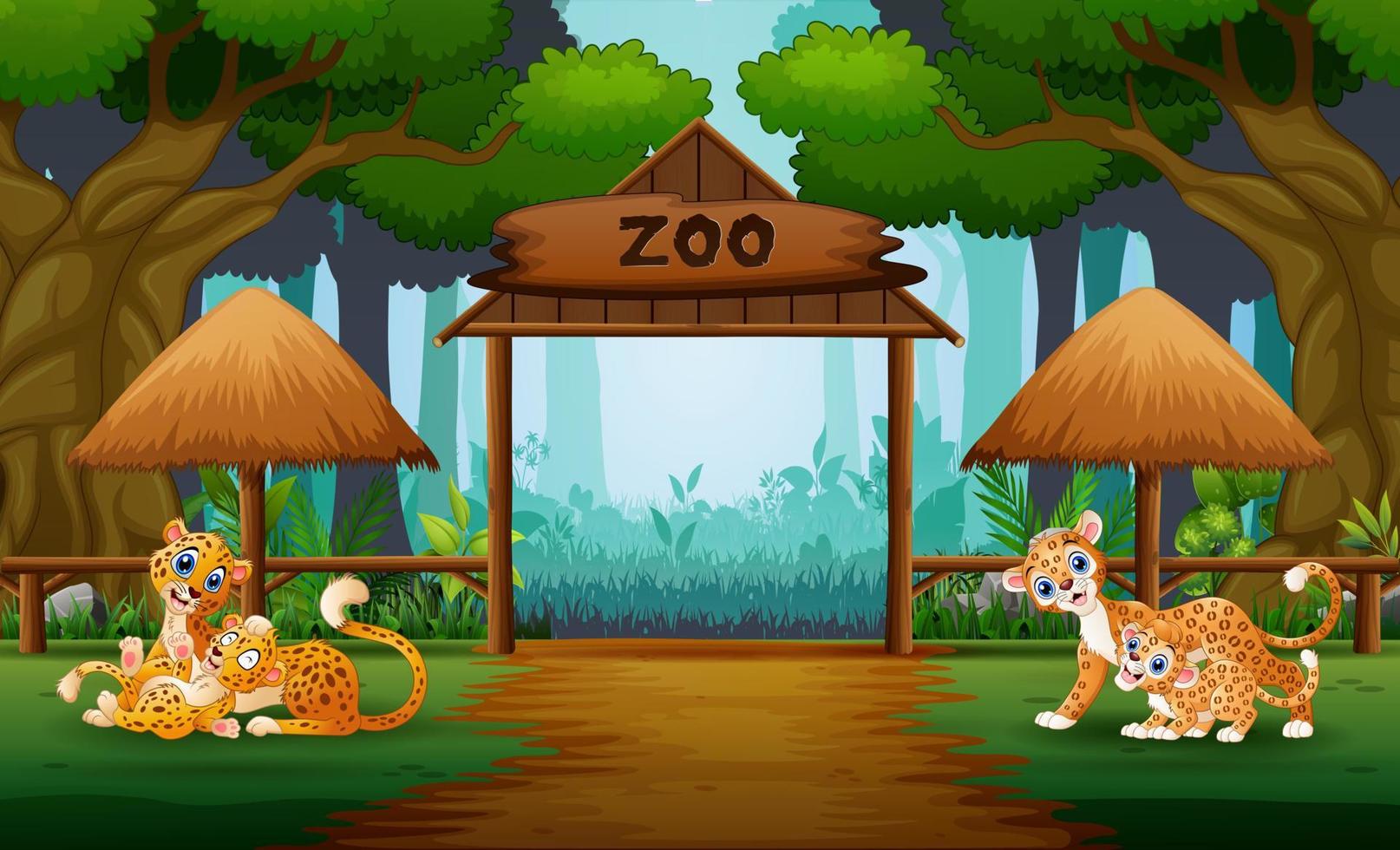 Happy wild animal with their cubs in the zoo illustration vector